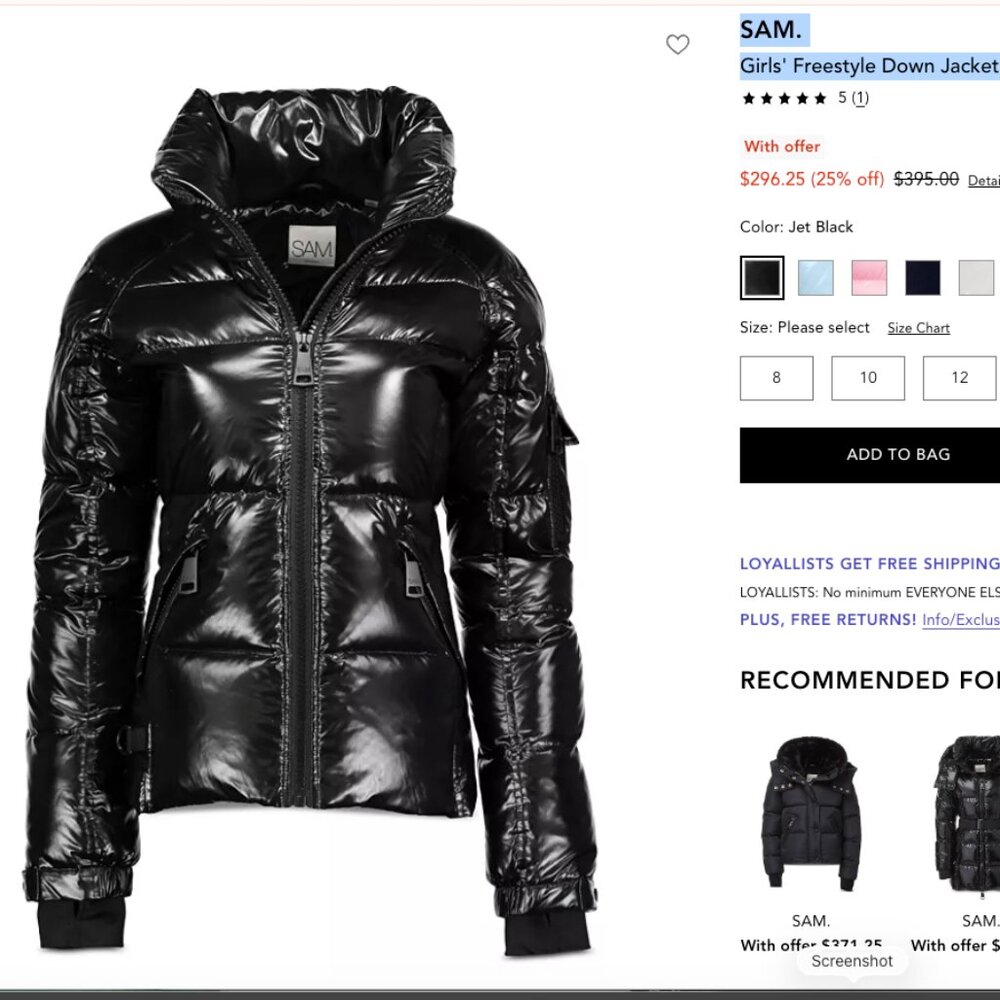 SAM. Girls freestyle down puffer, black, 10